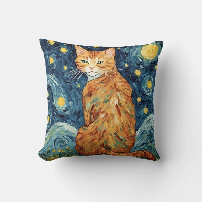 Coussin Gingembre Tabby Chat dans la nuit étoilée (Recto)