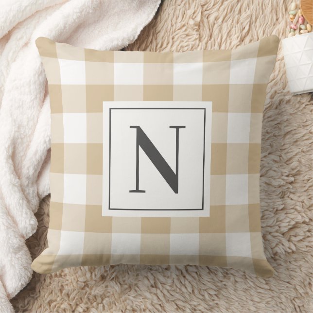 Coussin Gingham à carreaux blanc et chamois Monogramme ini (Couverture)