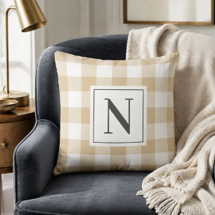 Coussin Gingham à carreaux blanc et chamois Monogramme ini