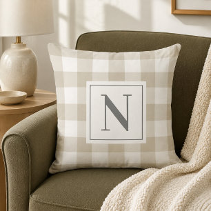 Coussin Gingham à carreaux gris beige Monogramme Initiale