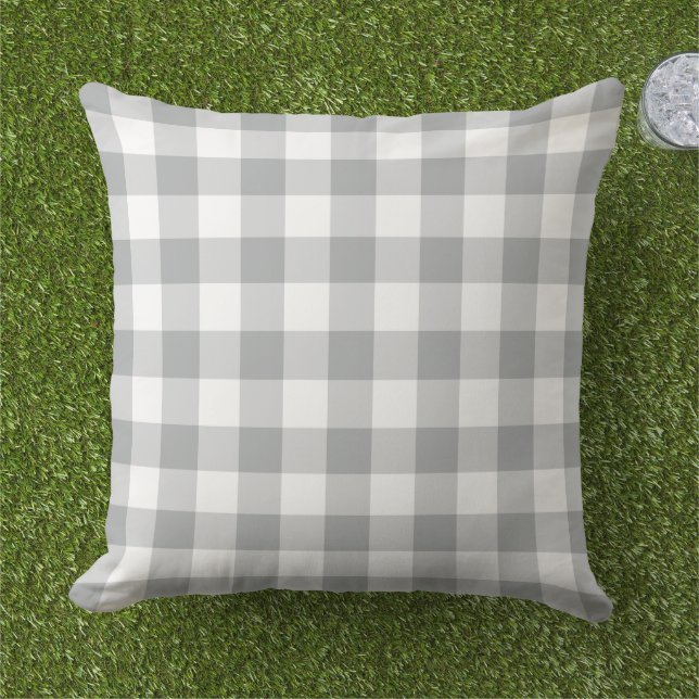 Coussin Gingham à carreaux gris blanc classique (Herbe)