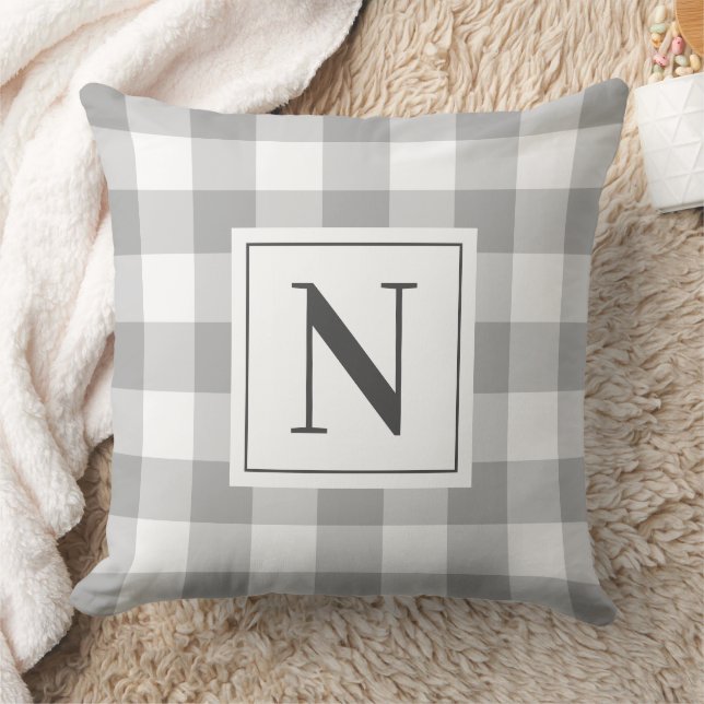 Coussin Gingham à carreaux gris classique Monogramme Initi (Couverture)