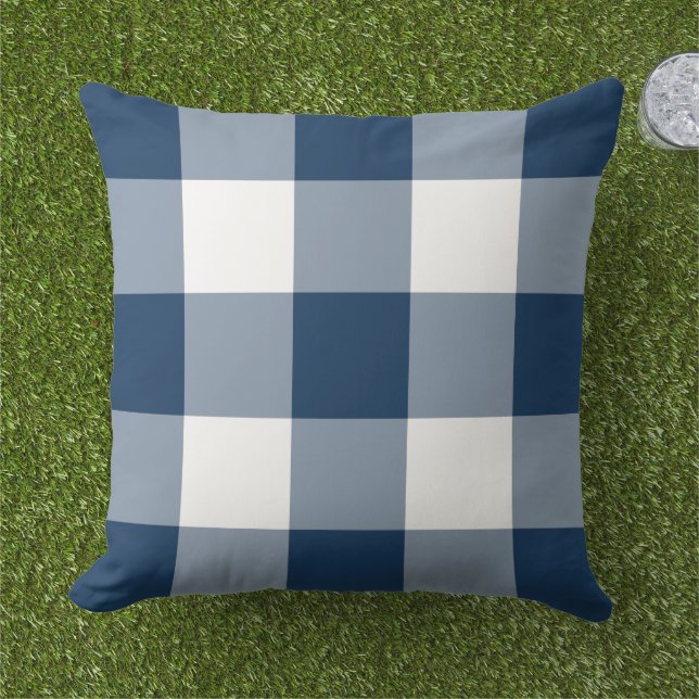 Coussin Gingham à carreaux larges Navy blanc classique (Herbe)