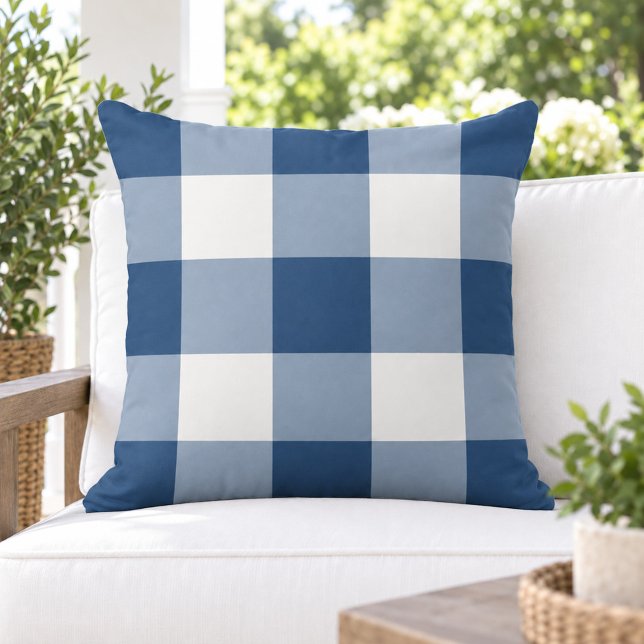 Coussin Gingham à carreaux larges Navy blanc classique (Créateur téléchargé)