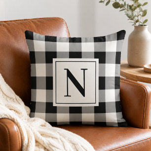 Coussin Gingham à carreaux noir gras Monogramme Initiale