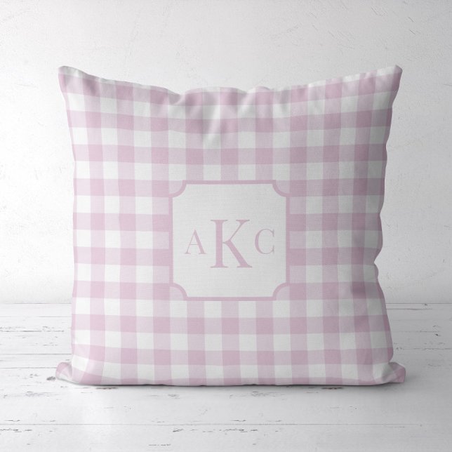 Coussin Gingham à carreaux rose monogrammé  (Pink Gingham Check Monogram Pillow)
