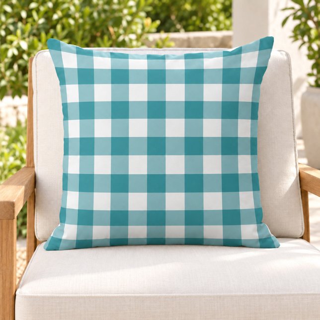 Coussin Gingham à carreaux sarcelle et blanc classique (Créateur téléchargé)