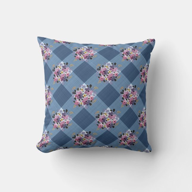 Coussin Gingham Bleu et Floral Violet Campagne (Recto)