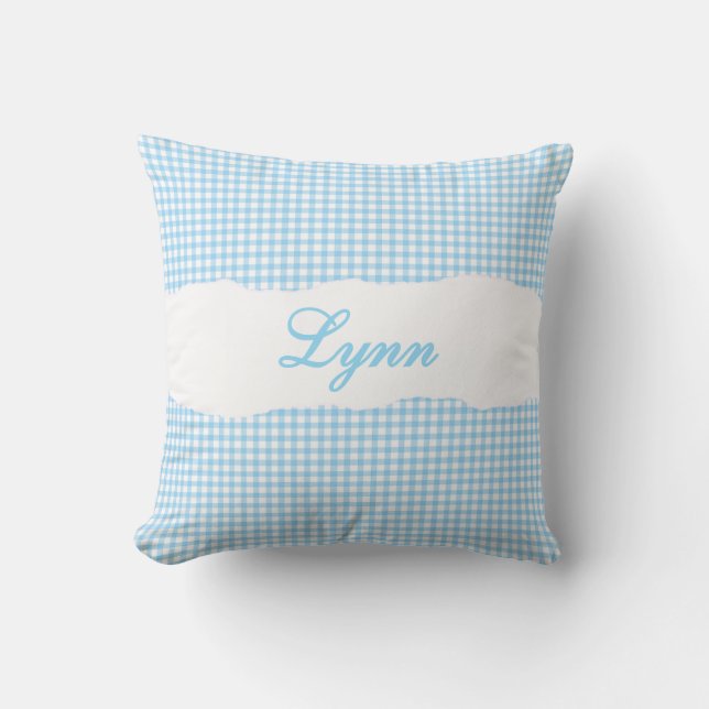 Coussin Gingham Bleu Rustique Nom Personnalisé (Recto)