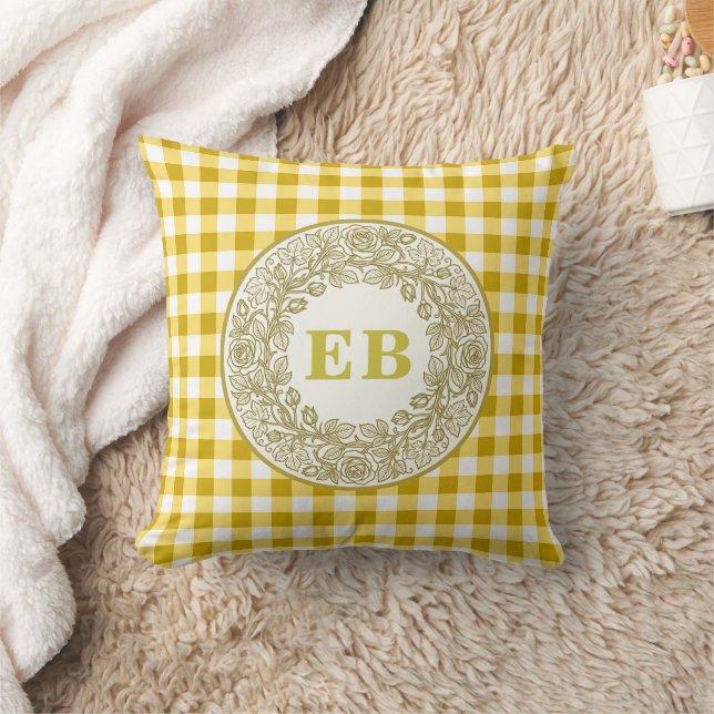 Coussin Gingham Jaune de Rose Monogrammée de Campagne Fran (Couverture)