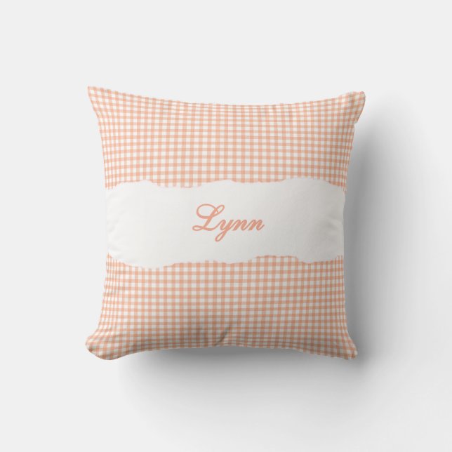 Coussin Gingham Orange Rustique Nom Personnalisé (Recto)