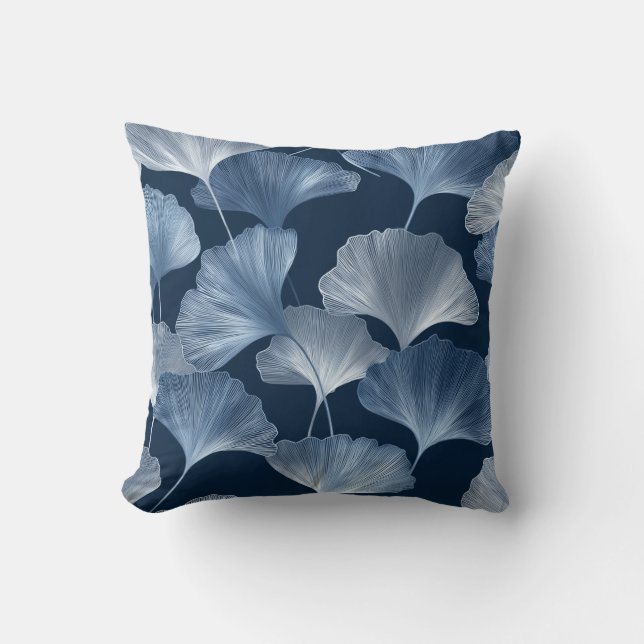 Coussin Ginkgo au Clair de Lune – Calme Botanique Bleu Cla (Recto)