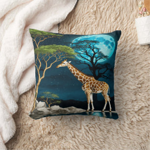 Coussin Girafe au bord du lac sous une nuit de Pleine lune