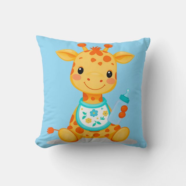 Coussin Girafe Bébé de Dessin Animé Mignon Tenant un Biber (Recto)