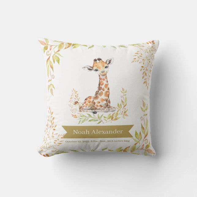 Coussin Girafe de Safari à l'aquarelle Vert Stat Naissance (Recto)