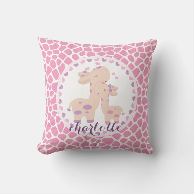 Coussin Girafe rose douce de bébé personnalisée (Recto)