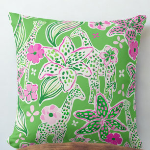 Coussin Girafes blanches preppy fleurs roses vert citron