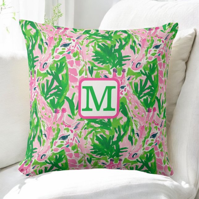 Coussin Girafes Prépa Rose Vert Tropical Monogramme (Créateur téléchargé)