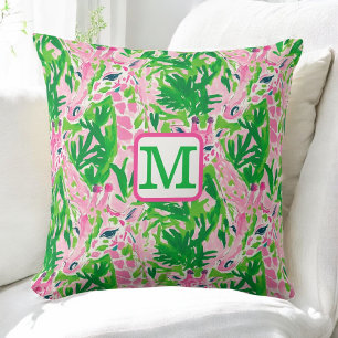 Coussin Girafes Préparatoires Rose Vert Tropical Monogramm