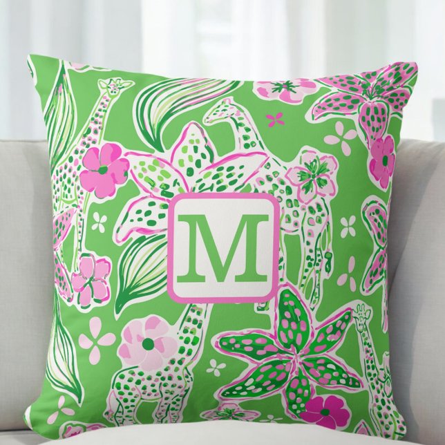 Coussin Girafes Prépas Monogramme Lily / Floral Vert Rose (Créateur téléchargé)