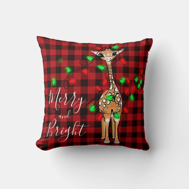 Coussin Giraffe Festive, lumière scintillante, plaid rouge (Recto)