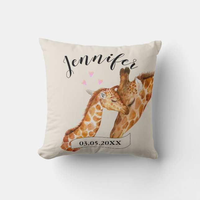 Coussin Giraffe Mama & Baby Nom personnalisable (Recto)
