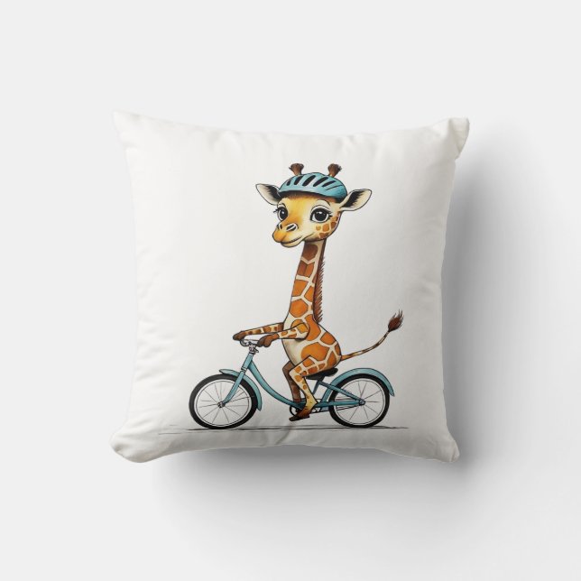 Coussin Giraffe Riding a Bicycle - Crayon à main (Recto)