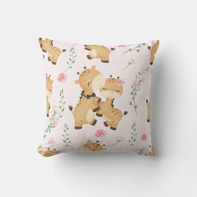 Coussin Giraffes romantiques aux accents floraux (Recto)