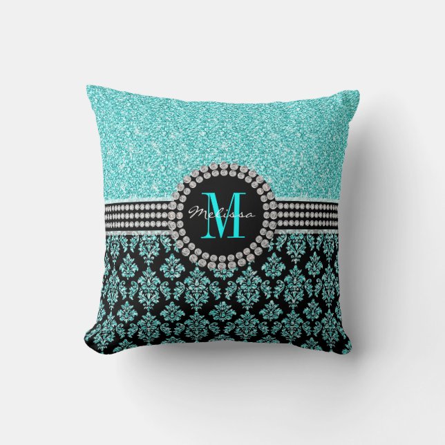 Coussin Girl Aqua Blue Parties scintillant Monogramme Nom  (Recto)