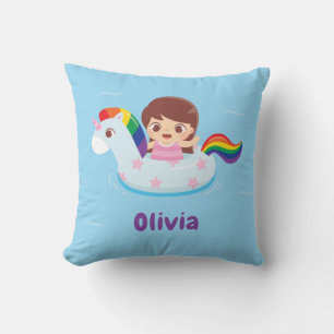 Coussin Girl in Unicorn Rainbow Pool Float Kids Room Decor