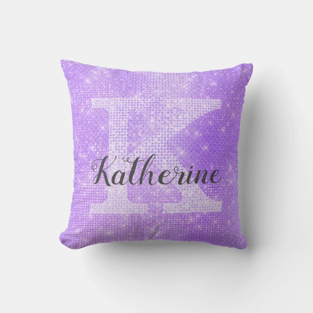 Coussin Girl Pastel Lavender Purple Sparkle Nom du monogra (Recto)