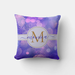 Coussin Girl Purple Bokeh Gold Parties scintillant Nom du