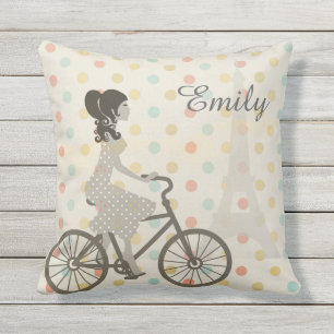 Coussin Girl Riding Bike in Paris Polka Dot Personnalisé