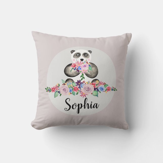 Coussin Girls Beautiful Flowers Watercolor Panda et nom (Recto)