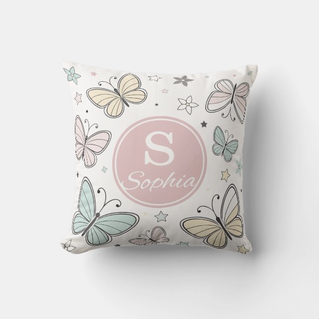 Coussin Girls Butterfly Monogram Cute Personalized gift (Recto)