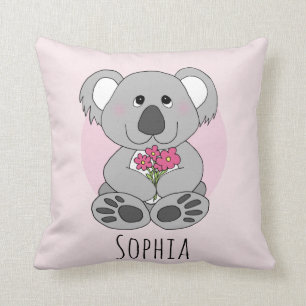Coussin Girls Cute Koala Ours Dessin et fleurs Nom Enfants