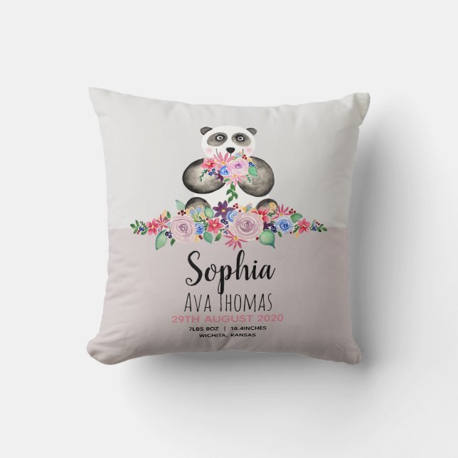 Coussin Girls Cute Panda et Fleurs Naissance Statistiques  (Recto)