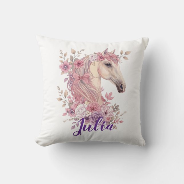 Coussin Girls Horse Pony Pastel Floral Throw Pillow (Recto)