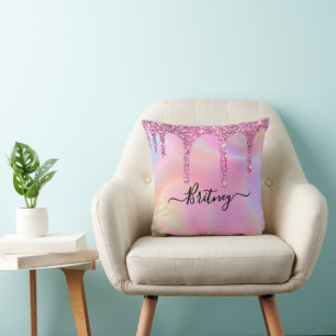 Coussin Girls personnalisés holographiques gouttes roses