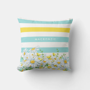 Coussin Girly Aqua Stripes avec marguerites jaunes et nom