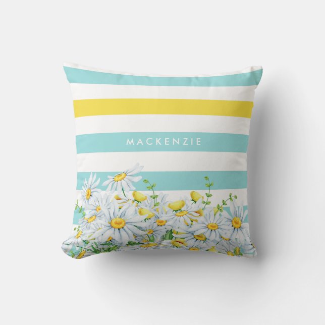 Coussin Girly Aqua Stripes avec marguerites jaunes et nom (Recto)