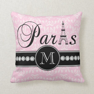 Coussin Girly Pink Damask Paris Monogrammé