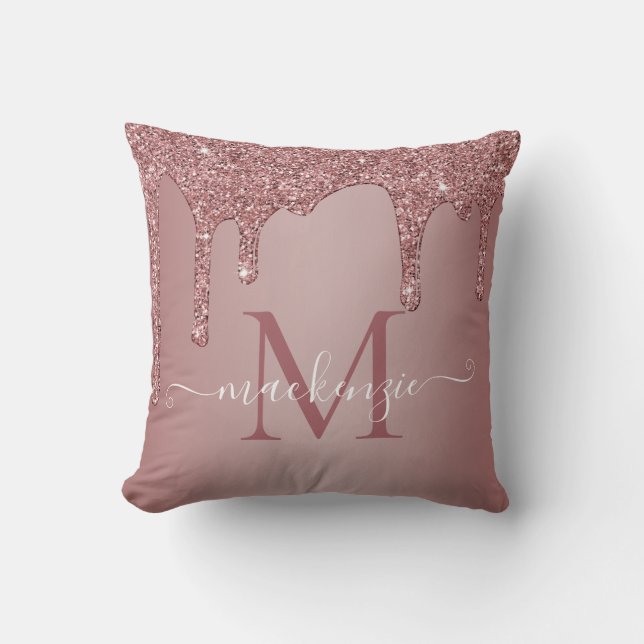Coussin Girly Rose Gold Sparkle Glitter Drips monogram (Recto)
