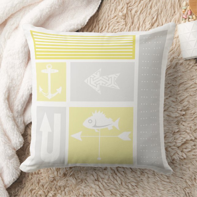 Coussin Girouette de poisson ancre nautique grise jaune  (Couverture)