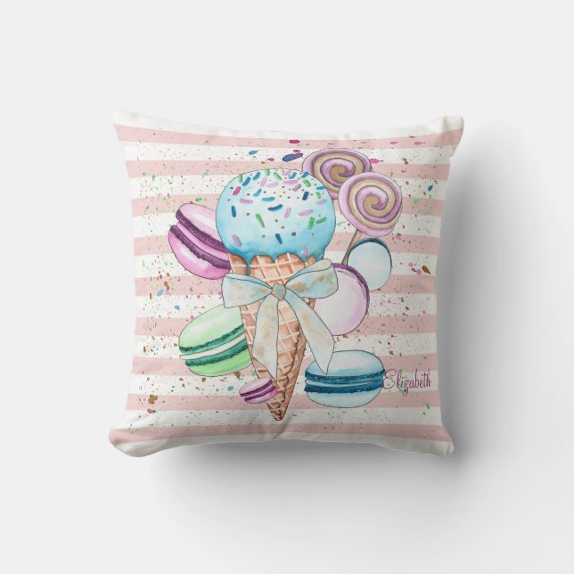 Coussin Glace à l'aquarelle,Macarons,Rayes roses (Recto)