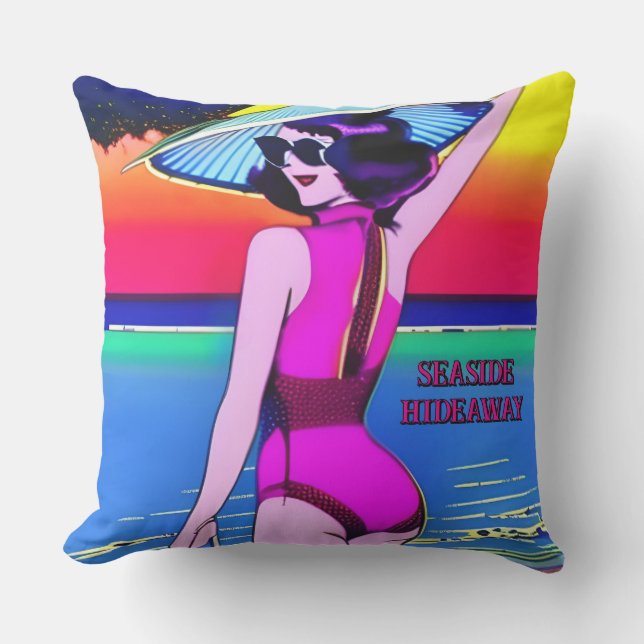 Coussin Glam 1950s Baignade Girl Texte modifiable (Recto)