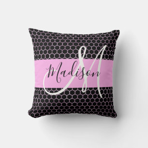 Coussin Glam Black Métallic Rose Nid d'abeille Monogramme