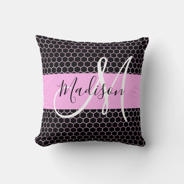 Coussin Glam Black Métallic Rose Nid d'abeille Monogramme  (Recto)