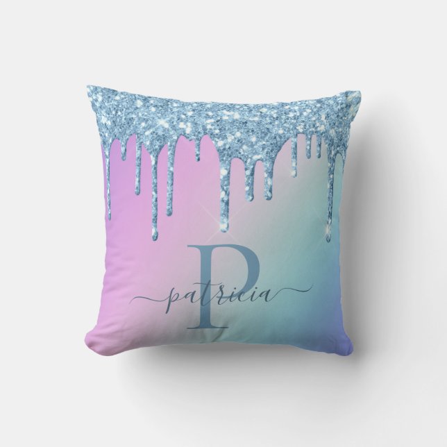 Coussin Glam Bleu Glitter Drips Élégant Monogramme   (Recto)