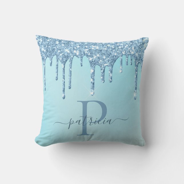 Coussin Glam Bleu Glitter Gouttes Élégant Monogramme  Cous (Recto)